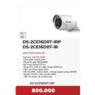 Camera thân trụ Hikvision DS-2CE16D0T-IRP, Hàng chính hãng