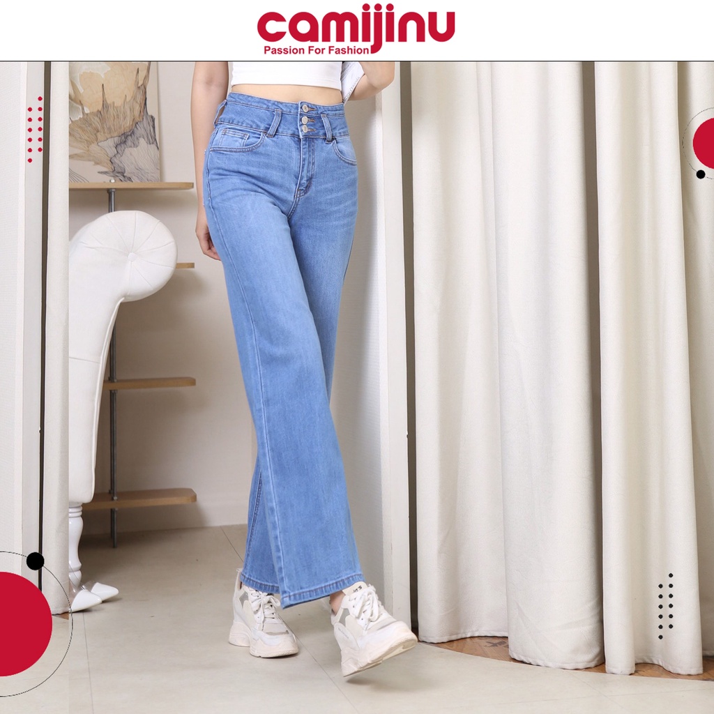 Quần Jeans Nữ Suông 3 Khuy, Gen Cạp Cao Dáng Dài Màu Xanh Nhạt