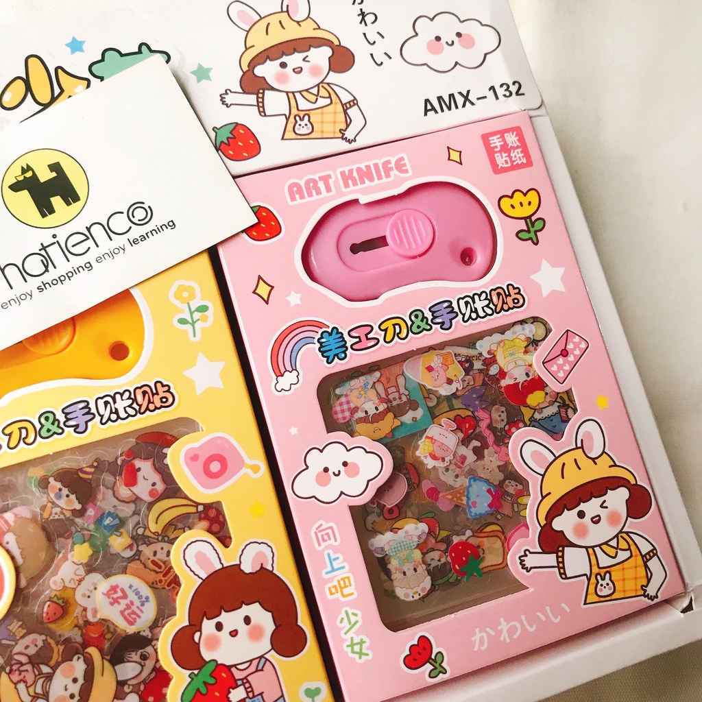 Hộp sticker cute kèm dao rọc giấy