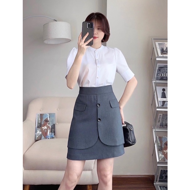 Chân váy công sở chữ A kèm vạt phối cúc và nắp túi giả dài 50cm siêu che bụng