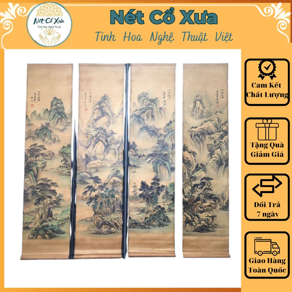 Tranh Tứ Bình Sơn Thủy Hữu Tình chất liệu Giấy Dầu chống ẩm mốc Đẹp