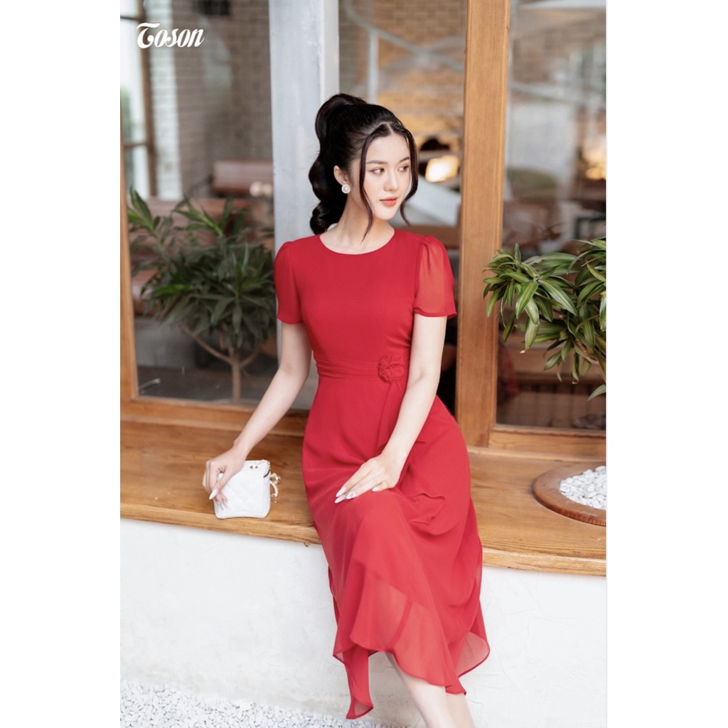 43138D03- Đầm đỏ voan hàn quốc, dáng dài eo xếp bèo đính hoa