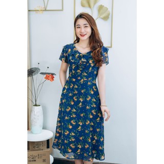 Đầm xòe thiết kế Cổ tim bèo tay ngắn màu Xanh hoa vàng TTV1300 trẻ trung thanh lịch