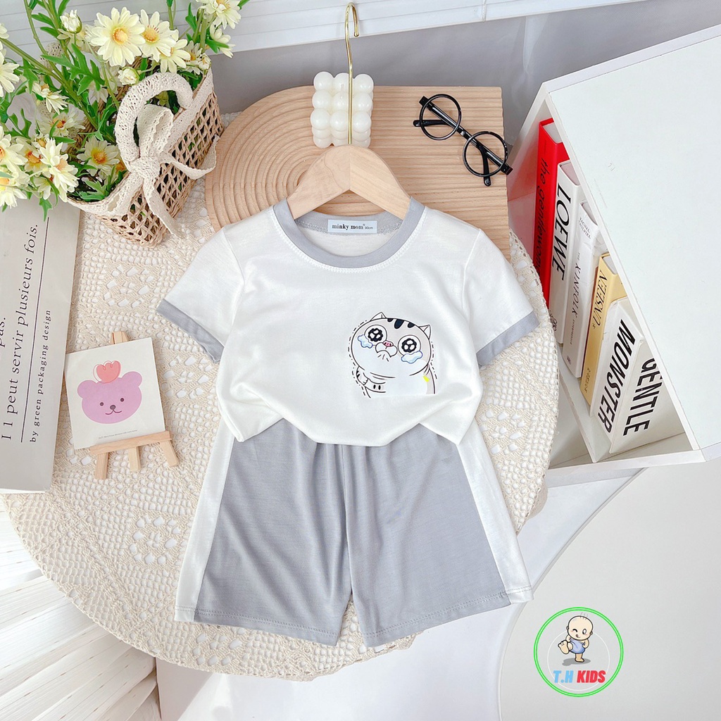 Bộ cộc tay, bộ quần áo cho bé trai, bé gái MINKY MOM in Mèo Ngố kute in pet không bong tróc