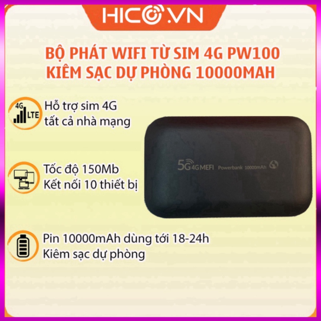 Bộ Phát Wifi 4G Poket PW100 Tốc Độ 150 Mbps Dung Lượng Pin 10000 mAh Kiêm Sạc Dự Phòng, Thiết Bị Phát Wifi Từ Sim - Siêu