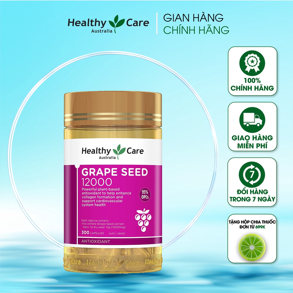 Viên uống tinh chất nho giúp lưu thông máu Healthy Care Grape Seed 12000mg 300 viên