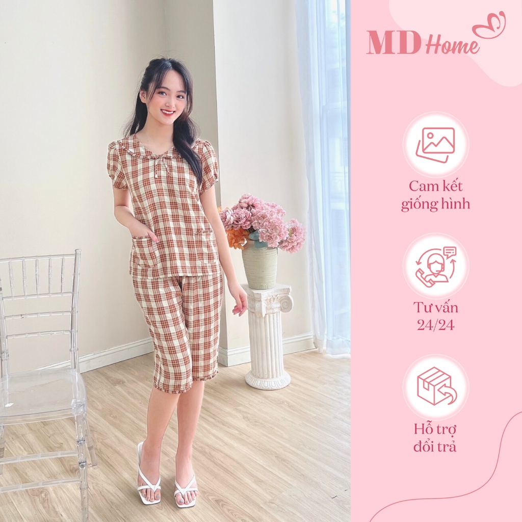 Bộ ngủ kẻ cổ sen vải kate đũi mềm mại, thoáng mát 283 - MD Home