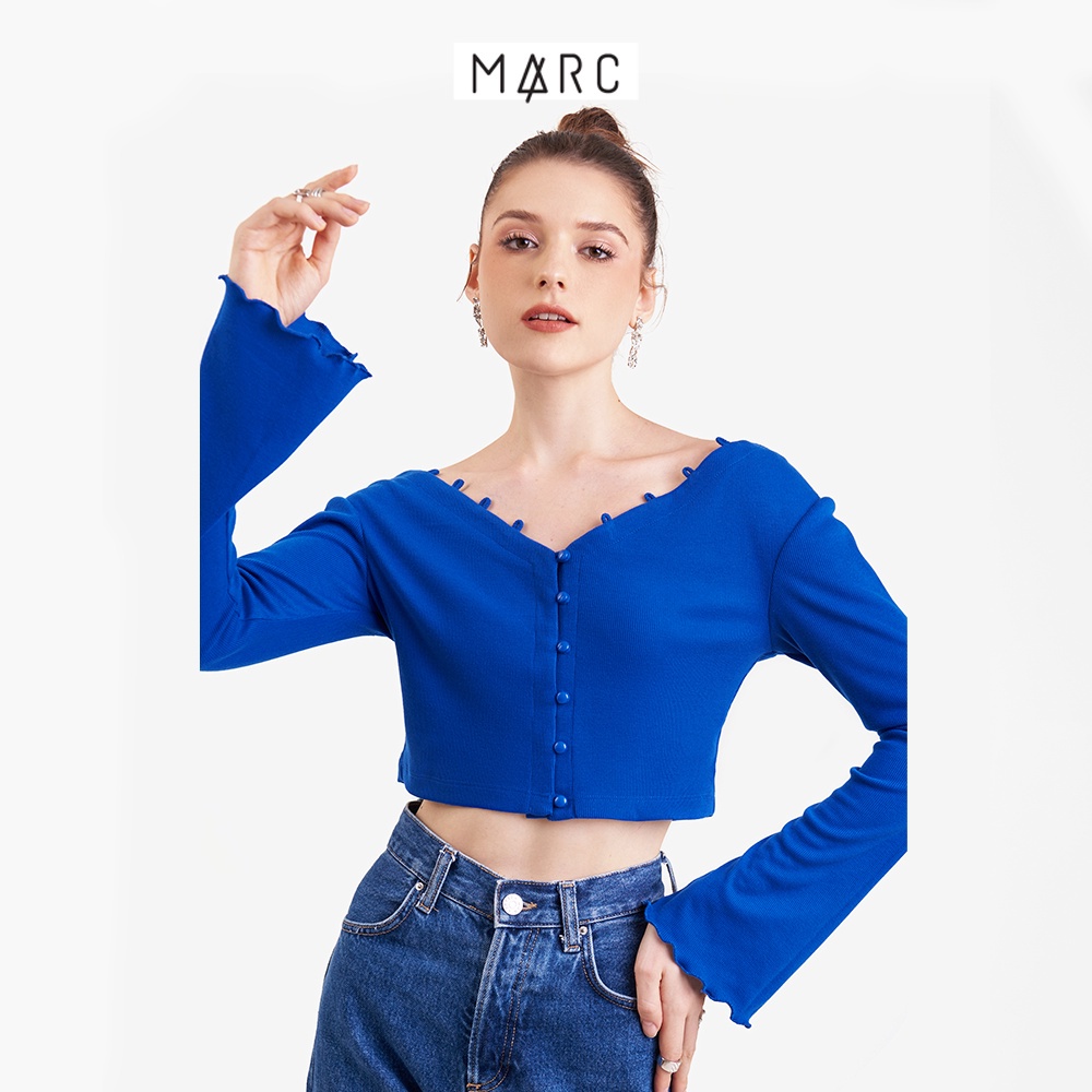 Áo thun gân croptop nữ MARC FASHION tay dài cổ V phối nút trước FAST022623