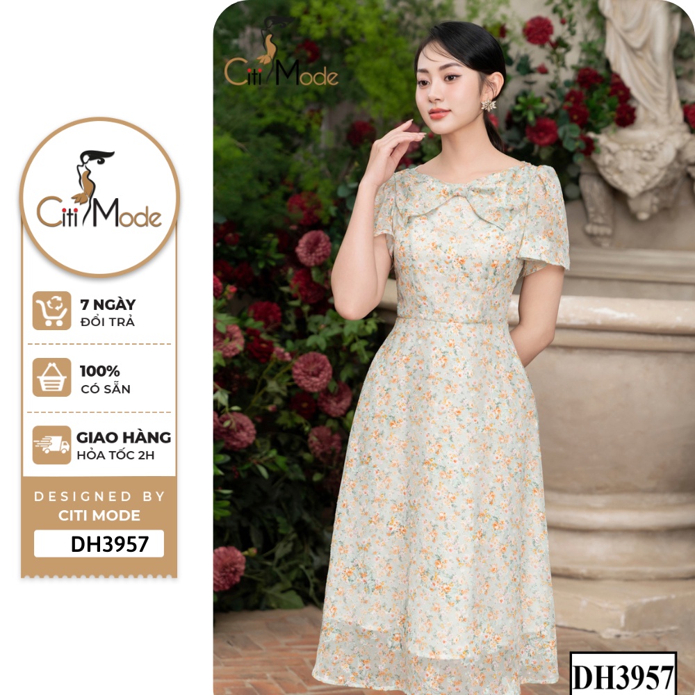 Đầm công sở CITI MODE FASHION thiết kế dáng xòe hoa nhí xanh cổ nơ cách điệu DH3957