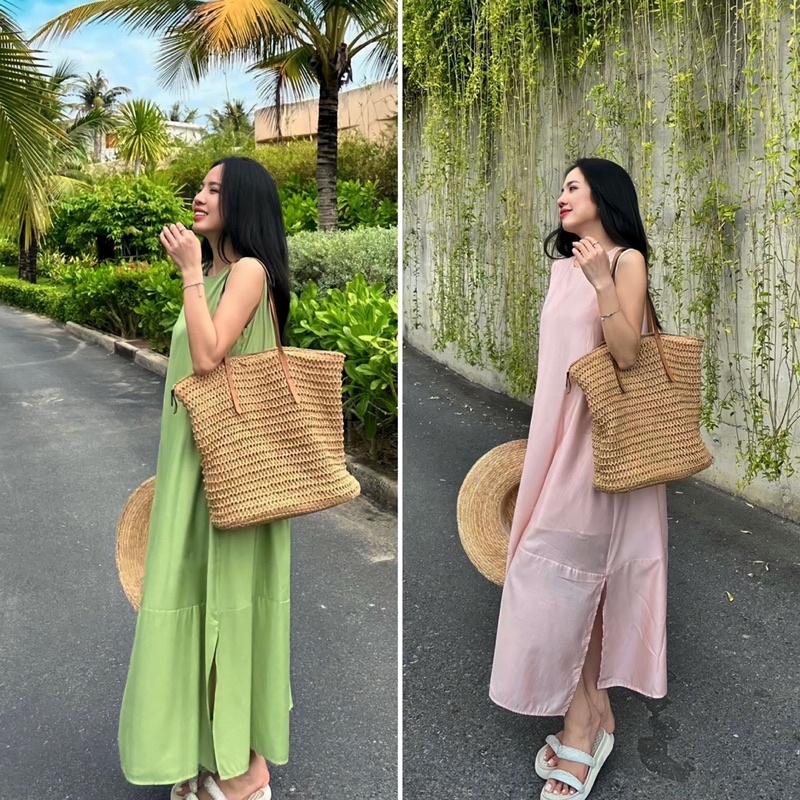 Váy maxi 3 lỗ ĐŨI TẰM dáng xòe xẻ dọc form rộng 2 lớp đi biển