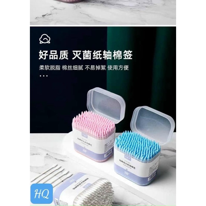 Tăm bông ngoáy tai hai đầu bông ráy tai dùng một lần thiết kế đa chức năng tiện dụng hộp 200 que