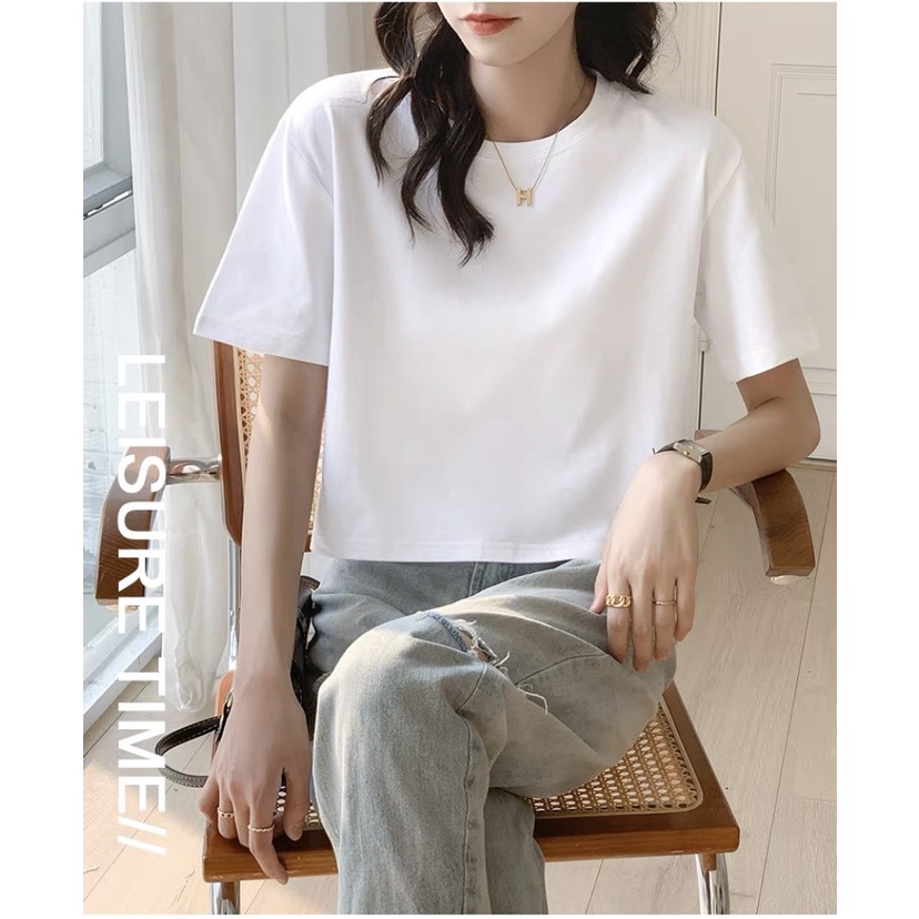 Áo thun croptop trơn dáng rộng, cơ bản tay ngắn cổ tròn 581 FIORI STORE