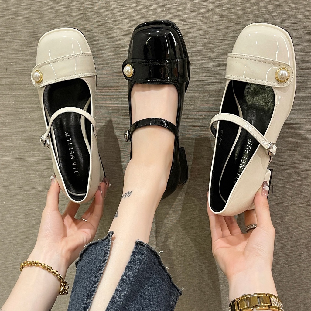 Retro đầu vuông thời trang giày đơn một khóa gót dày Mary Jane giày búp bê nữ