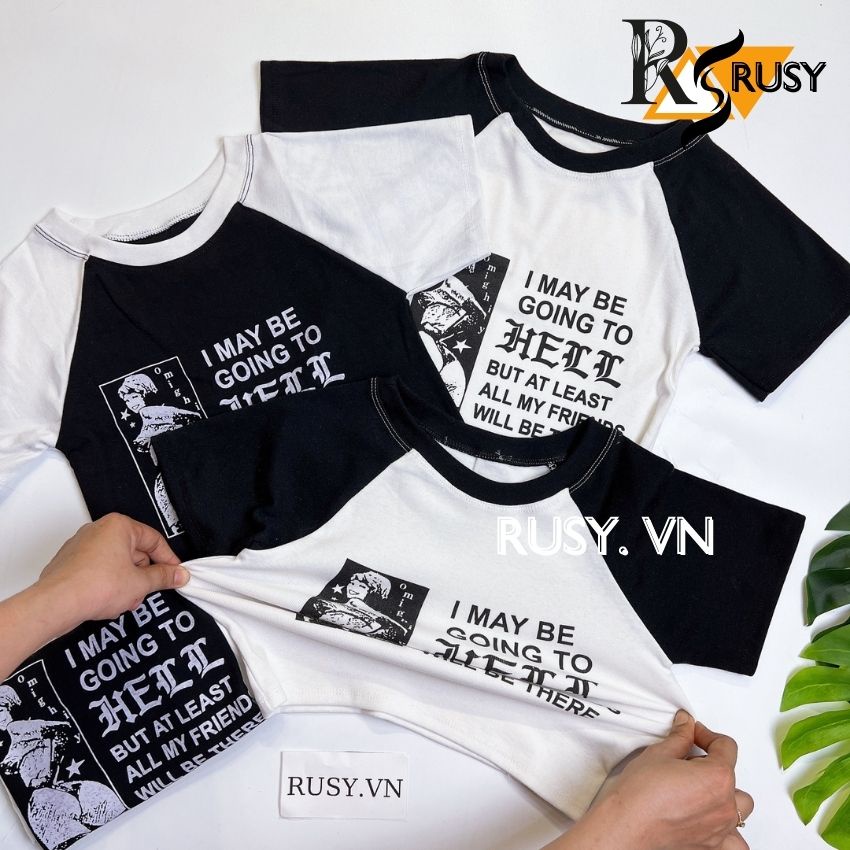Áo croptop hình in phối tay viền , Áo Crt Ôm Body Nữ HELL Cổ Tròn Tay Ngắn, Áo Thun Croptop Kiểu chất thun gân dày sexy