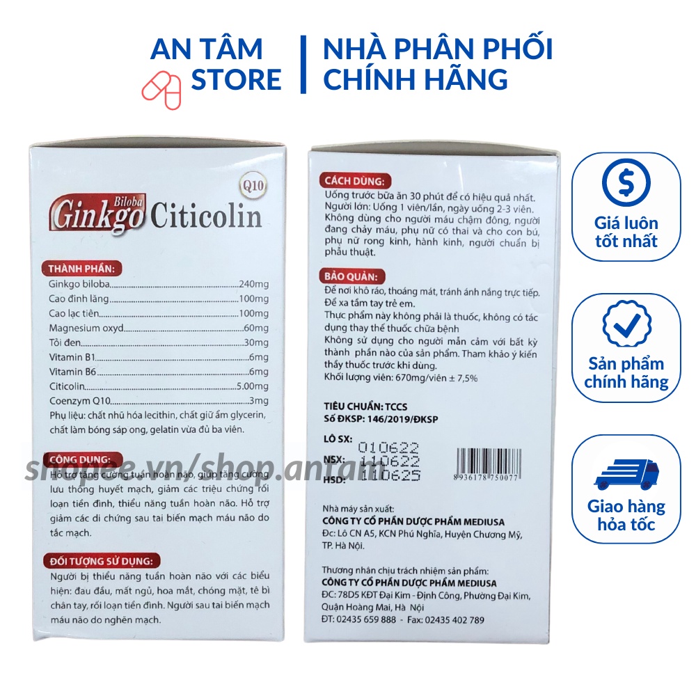 Viên uống bổ não Ginkgo Biloba Citicolin Coenzym Q10 giúp hoạt huyết, dưỡng não