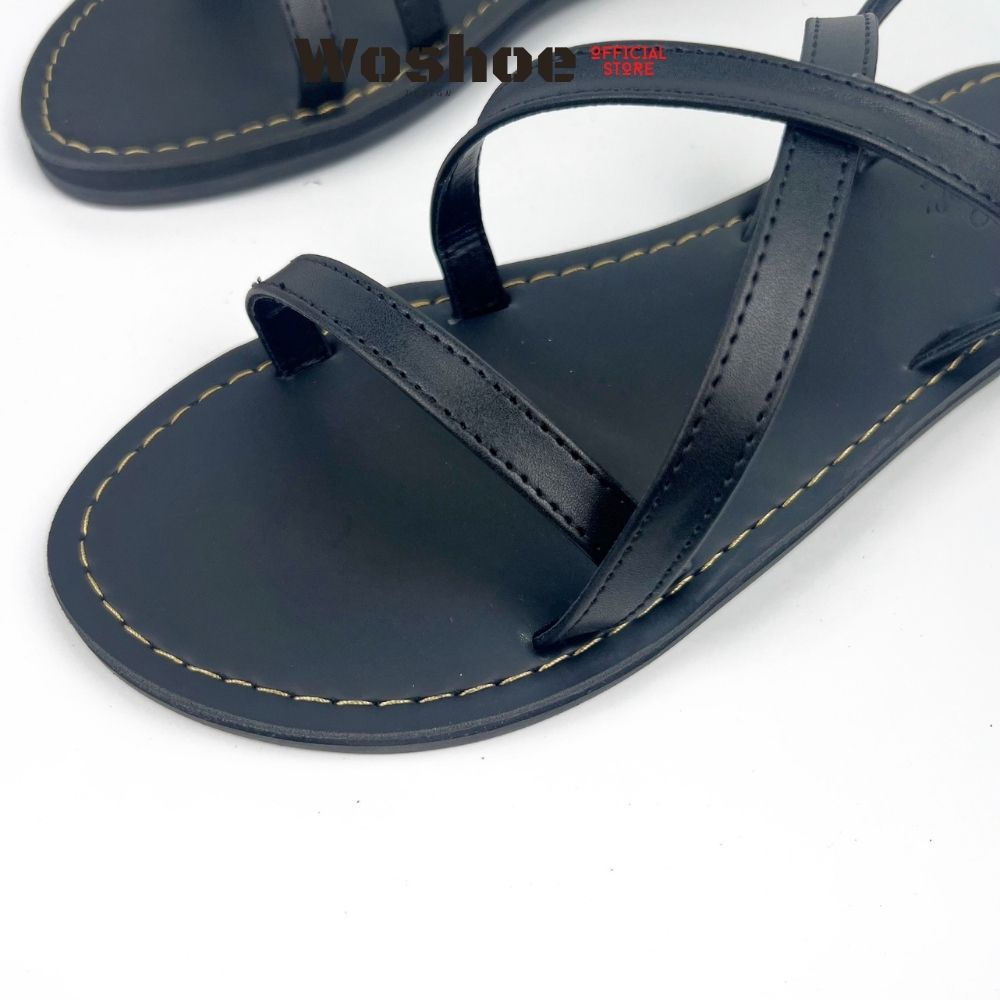 Giày sandal nữ quai chéo WOSHOE full đen đế bệt cao cấp hàn quốc bigsize 34-42