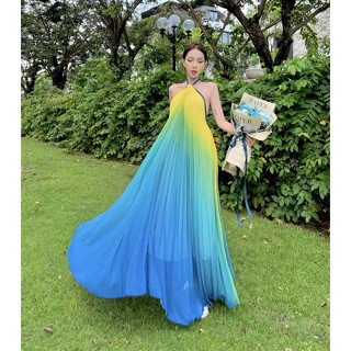  Maxi yếm ombre hở lưng xoắn cổ sang chảnh đi biển du lịch vàng xanhn 