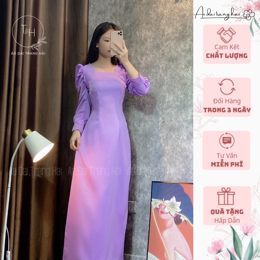 Áo dài cách tân cổ vuông tay bồng đính hạt-Trang Hải