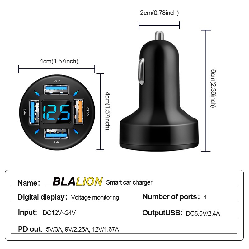 Tẩu sạc nhanh xe hơi BLALION QC3.0 PD 4 cổng USB 12V 24V 66W đa năng tẩu sạc nhanh ô tô