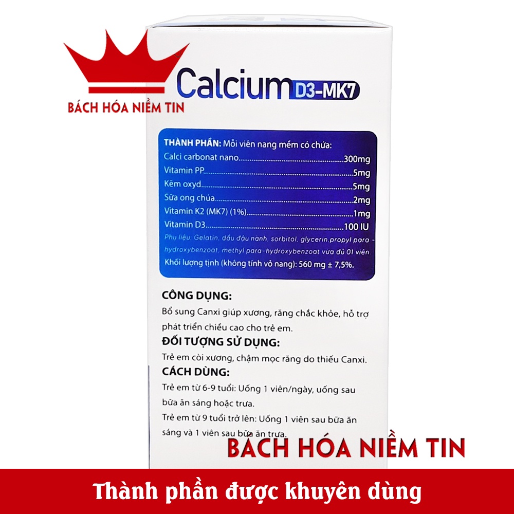 Calcium D3 Mk7 - Viên uống bổ sung calci vitamin D3, K2 giúp xương chắc khỏe, ngừa loãng xương - Hộp 100 viên