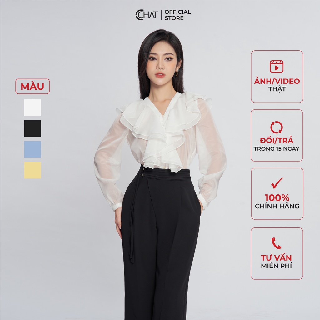Áo Sơ Mi Nữ 𝐂𝐂𝐇𝐀𝐓 Cổ V Bèo 2 Tầng Rủ Chất Voan Cao Cấp 13FDV2010ST