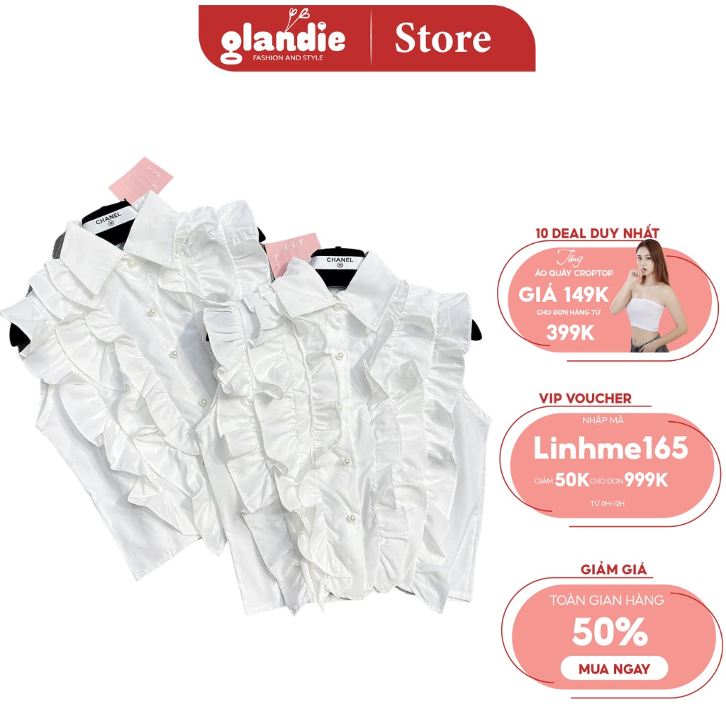 Áo sơ mi trắng Glandie cúc ngọc, phối bèo sang chảnh.