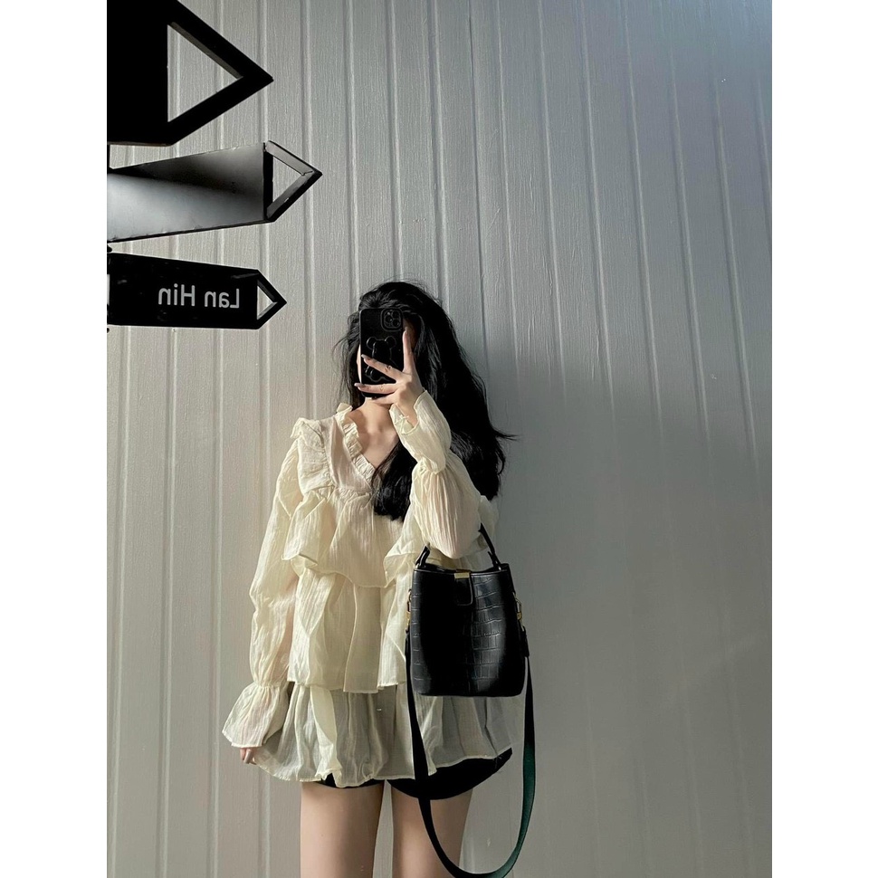 Áo Sơ Mi Nữ Tơ bèo cổ tim, Áo Đũi Tơ Babydoll Bèo Tầng Bo Chun Tay