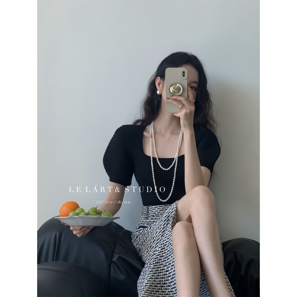 Áo Dệt Kim Cổ Vuông Màu Trơn Dáng Ôm Phong Cách Pháp Thời Trang Cho Nữ 2