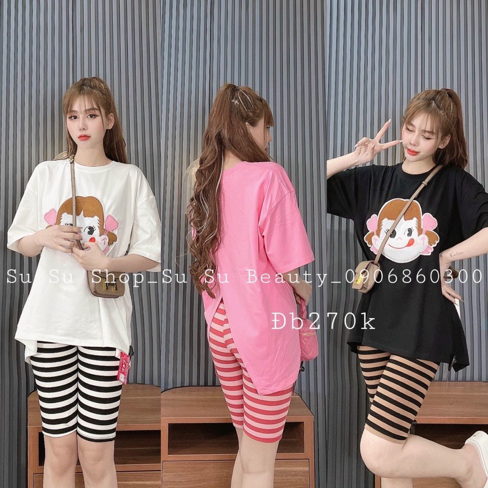 [4.4 Sales Freeship] Set áo thun from rộng in cô gái xẻ lưng phối quần lửng sọc ngố, bộ đồ thun lửng đi chơi dễ thương