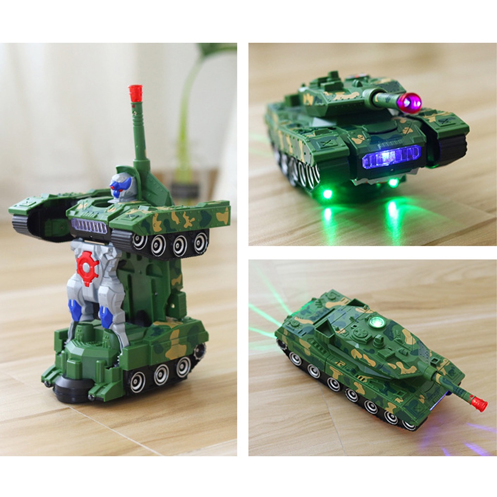 Đồ chơi trẻ em xe tăng biến hình Robot tự động có đèn led và nhạc nền cho bé