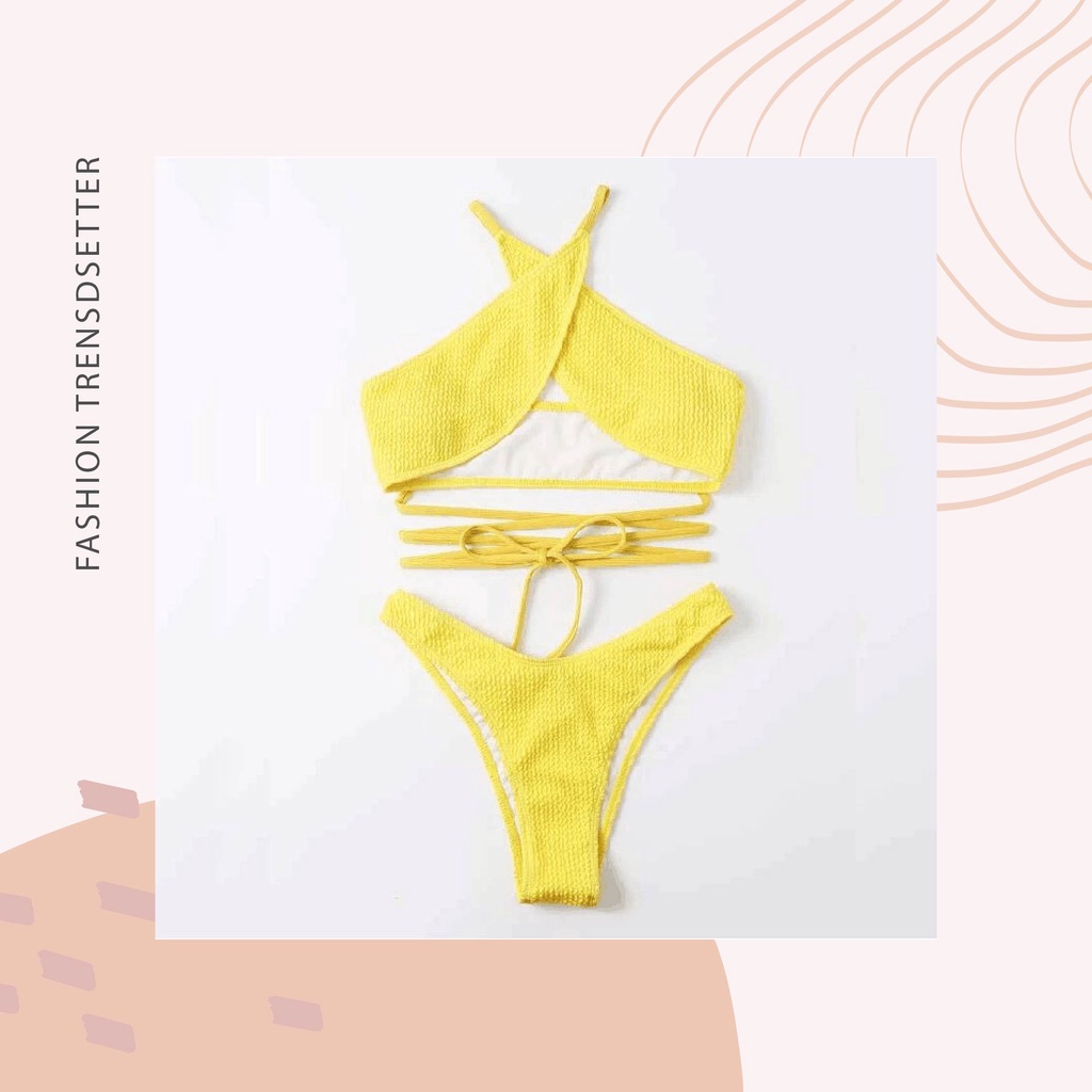 Bikini đồ bơi 2 mảnh thun nhún buộc dây chéo nhấn eo nhiều màu sắc tôn da ảnh thật hot trend 2023