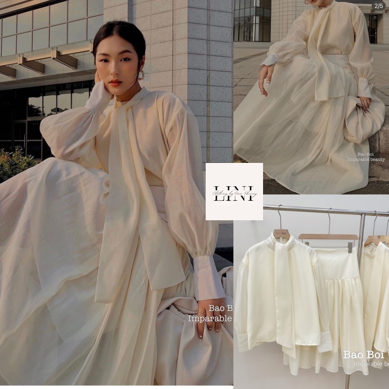 Set tơ be tay bo ống mix chân váy maxi xoè thanh lịch