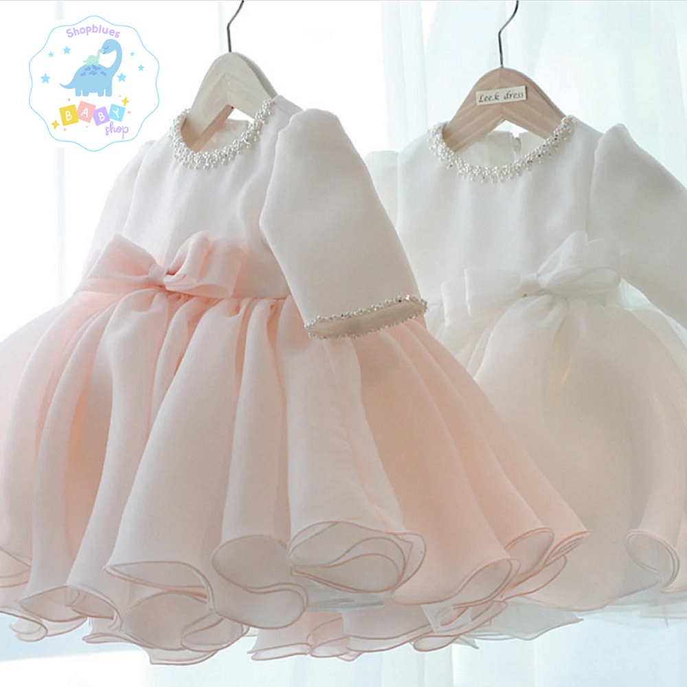Váy công chúa bé gái SHOPBLUES tay dài màu trắng và hồng viền hạt cao cấp cho bé từ 0-12 tuổi
