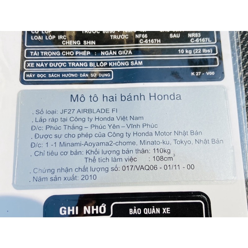 Bộ Tem Thông Số + Tem Năm Sản Xuất Honda AB 125 / FUTURE / LEAD125 / SH MODE / PCX / VISION2014 / SHVN 2012 2017/ Winner