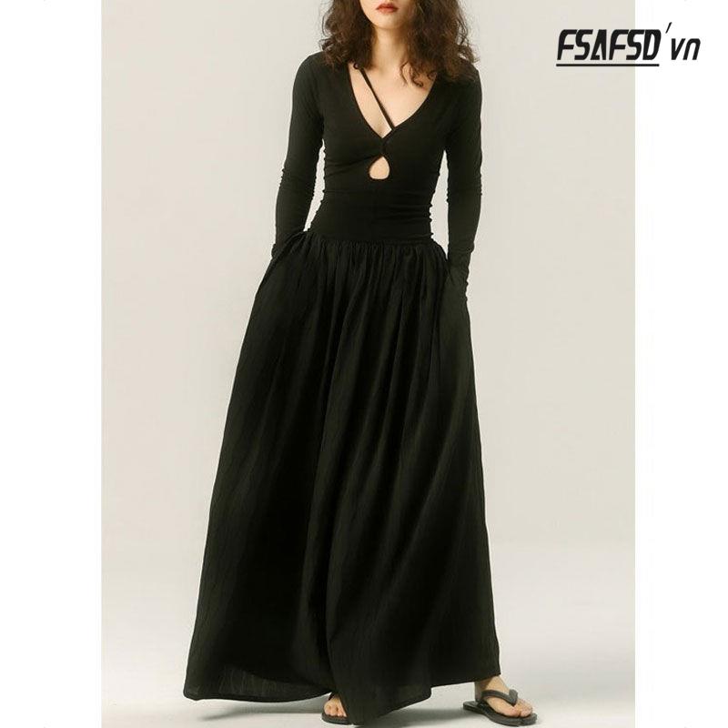 Đầm Thể Thao Dệt Kim Màu Đen Cổ Chữ V Năng Động Thời Trang Theo Phong Cách Pháp