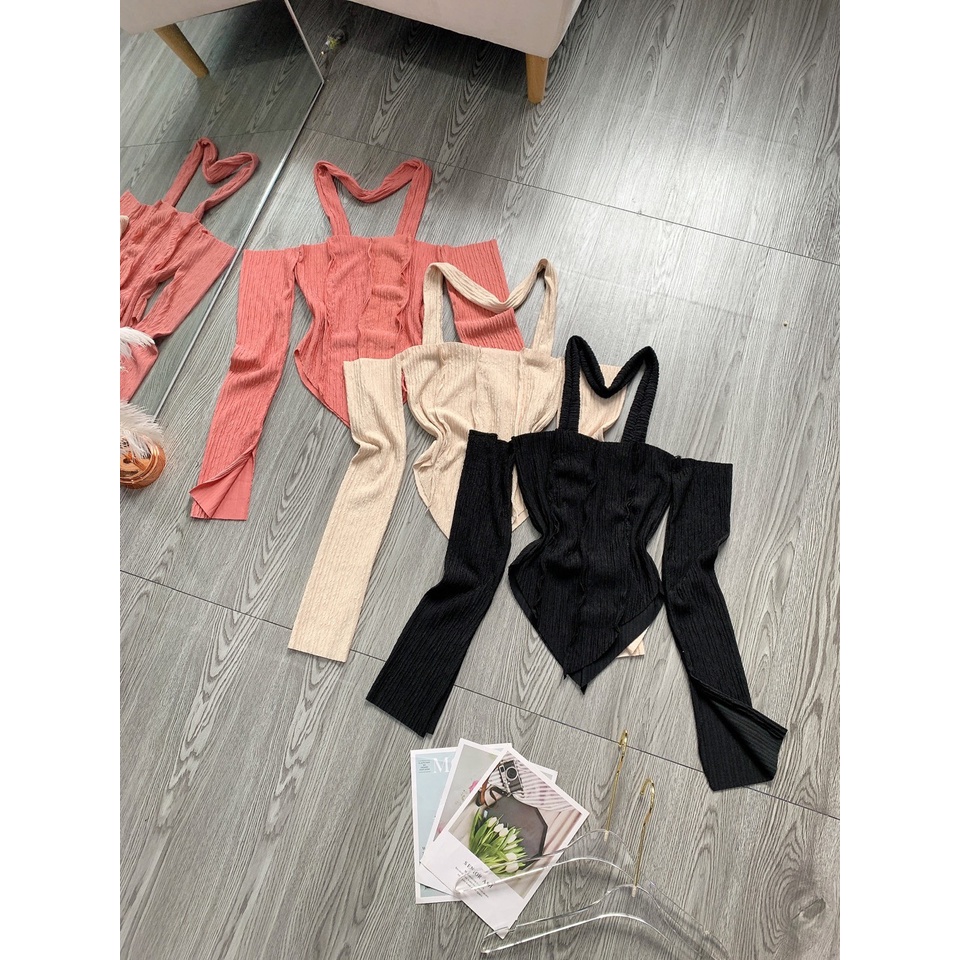 Áo thun nữ đi chơi tay dài trễ vai chất thun xốp mềm dáng ngắn phối dây choàng cổ kiểu tà nhọn xinh hot