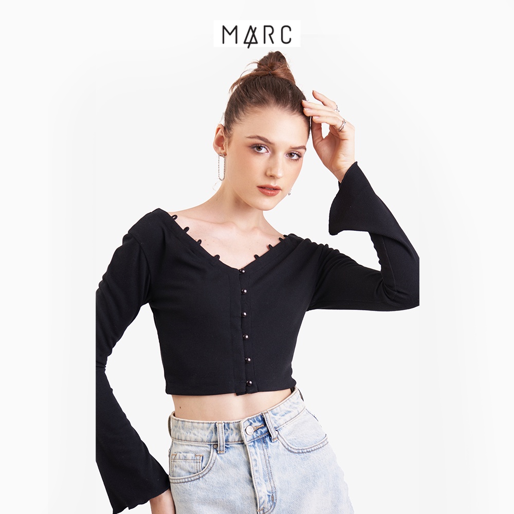 Áo thun gân croptop nữ MARC FASHION tay dài cổ V phối nút trước FAST022623