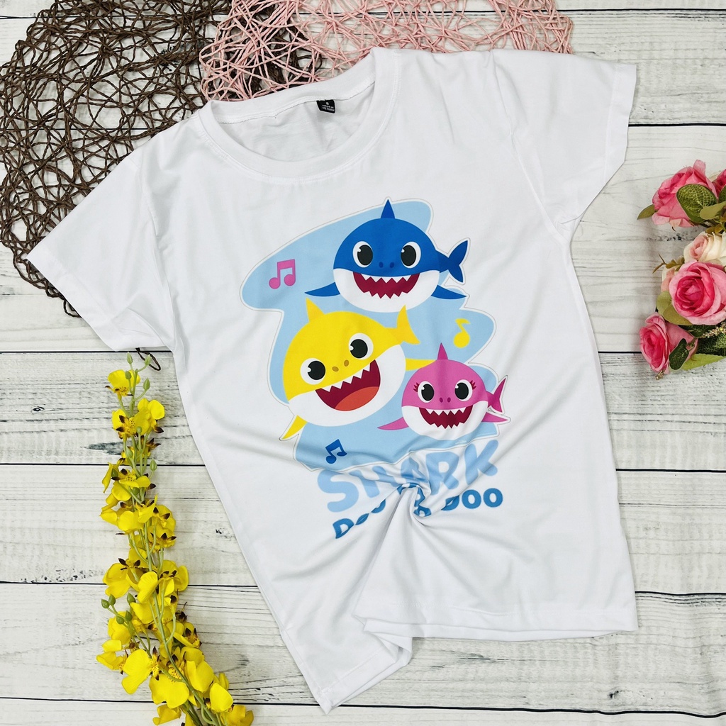 Áo thun trắng trẻ em Baby Shark đáng yêu, thun mềm mịn từ 10kg - 60kg