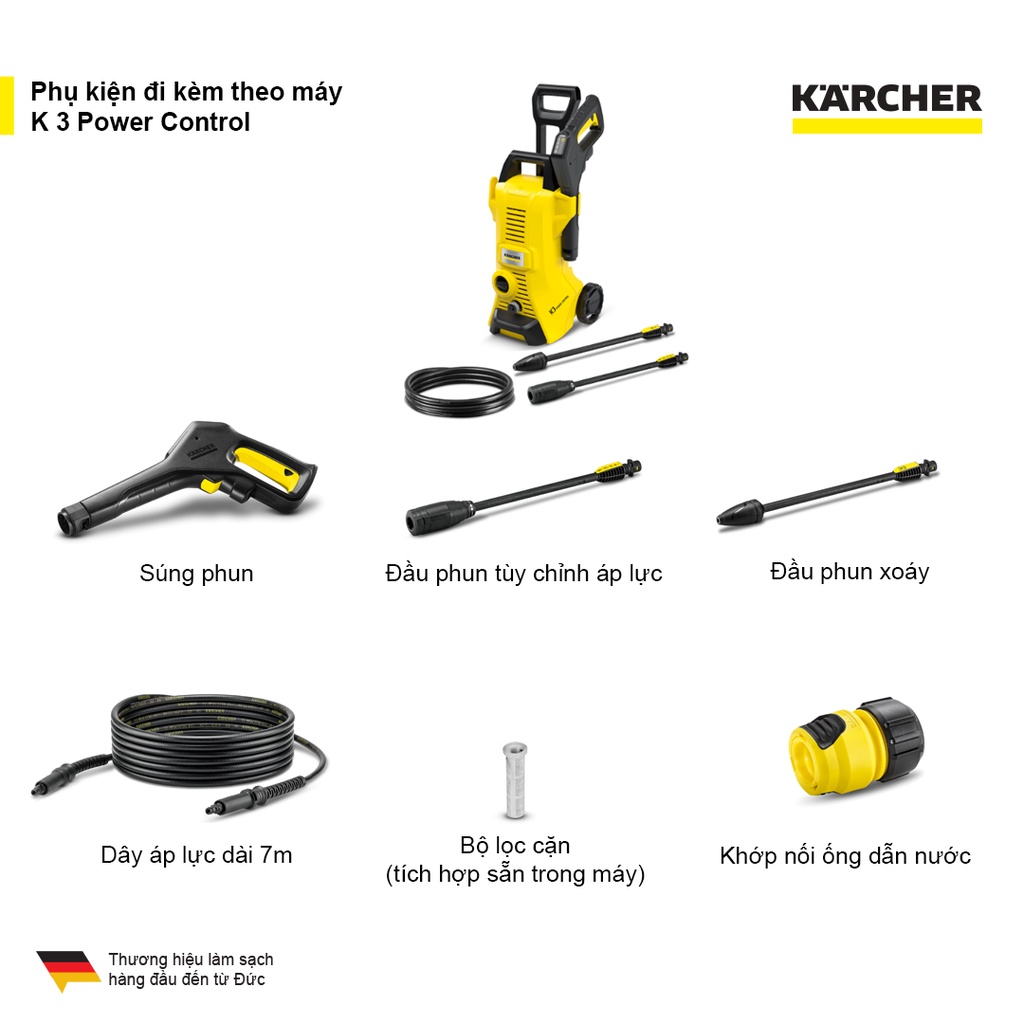 (Sản xuất Đức) Máy xịt rửa xe Karcher K3 Power Control động cơ chổi than công suất 1600w áp lực 20-120 bar