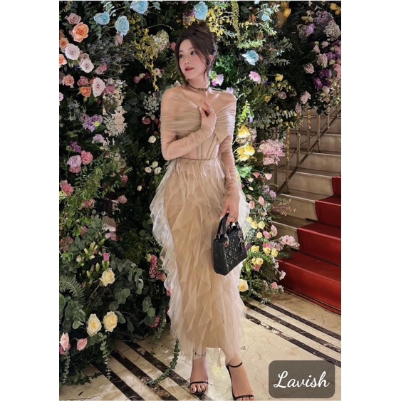 ĐẦM VOAN DÀI TAY NÂU