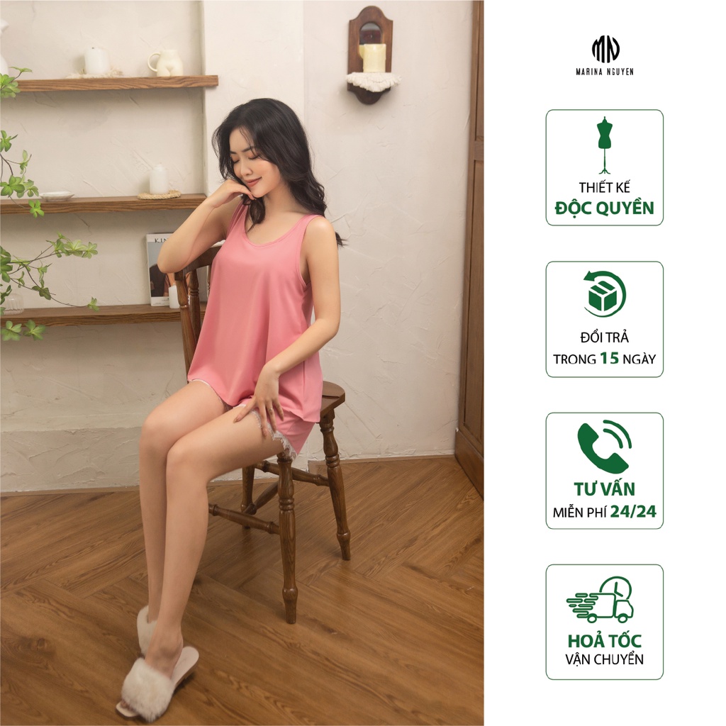 Bộ Ngủ Nữ - MARINA NGUYỄN, Thiết Kế Áo cổ tròn, sát nách, phối ren gấu quần, Vải Cotton lạnh, Thoáng Mát 323-011