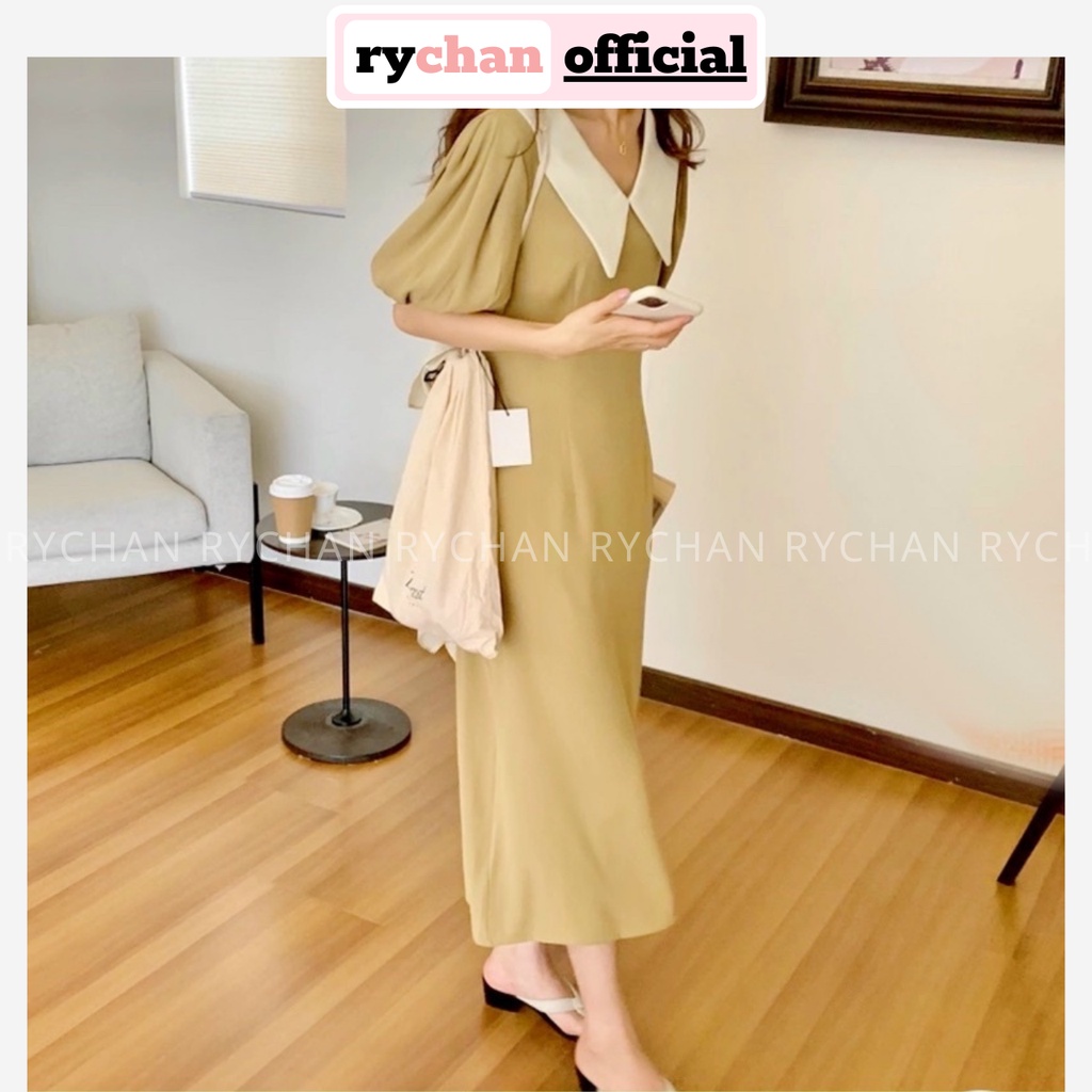 [ẢNH THẬT CUỐI] Đầm Váy Nữ Tay Ngắn Cổ Lá Phối Trắng Thanh Lịch, Đầm Nữ Dạo Phố Form Dài Basic Xòe Màu Kem - DX360