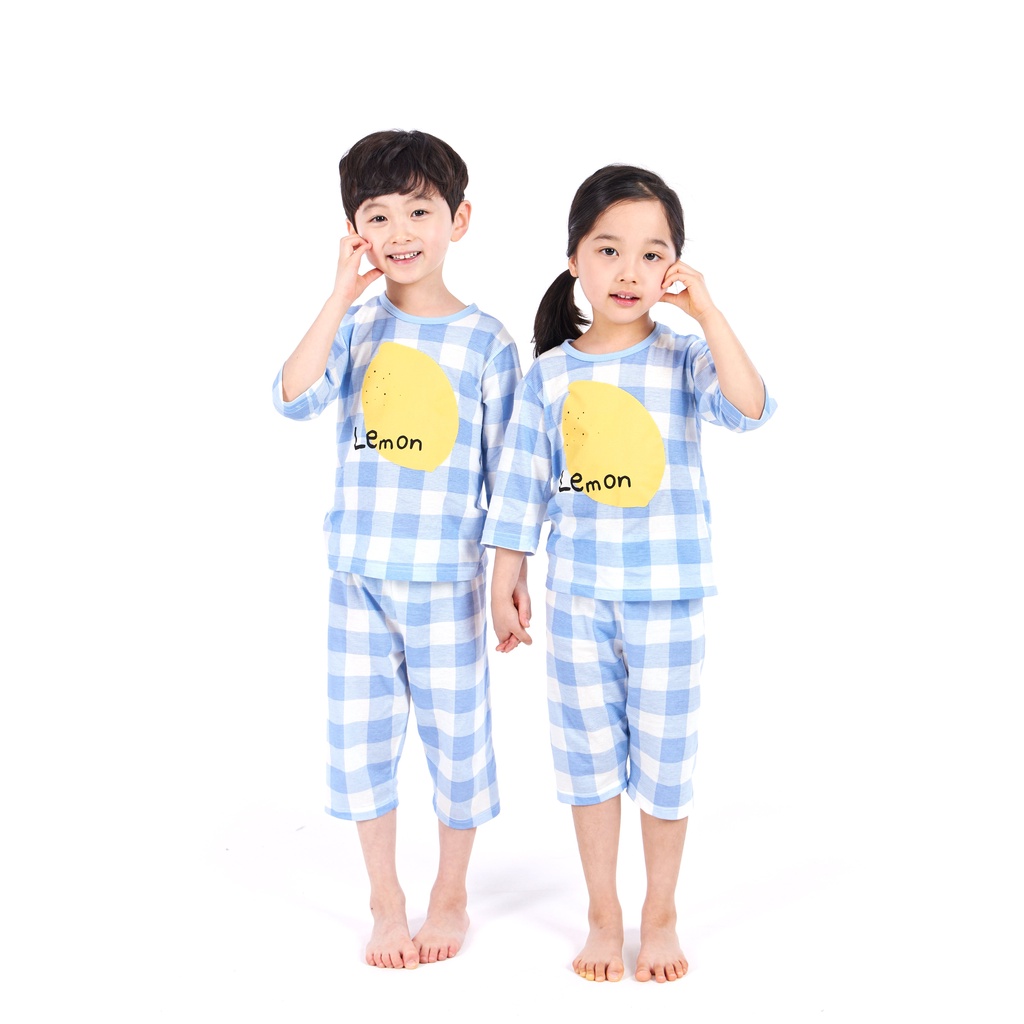 Bộ pijama lửng 100% cotton cho bé trai/ bé gái Lemon Check - Olomimi Hàn Quốc