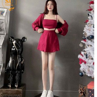QTLDCBT Sét váy nữ 3 món chân váy có lót áo trong có mút kèm mix khoác ngoài cùng tôn đỏ tiểu thư YADO - T252