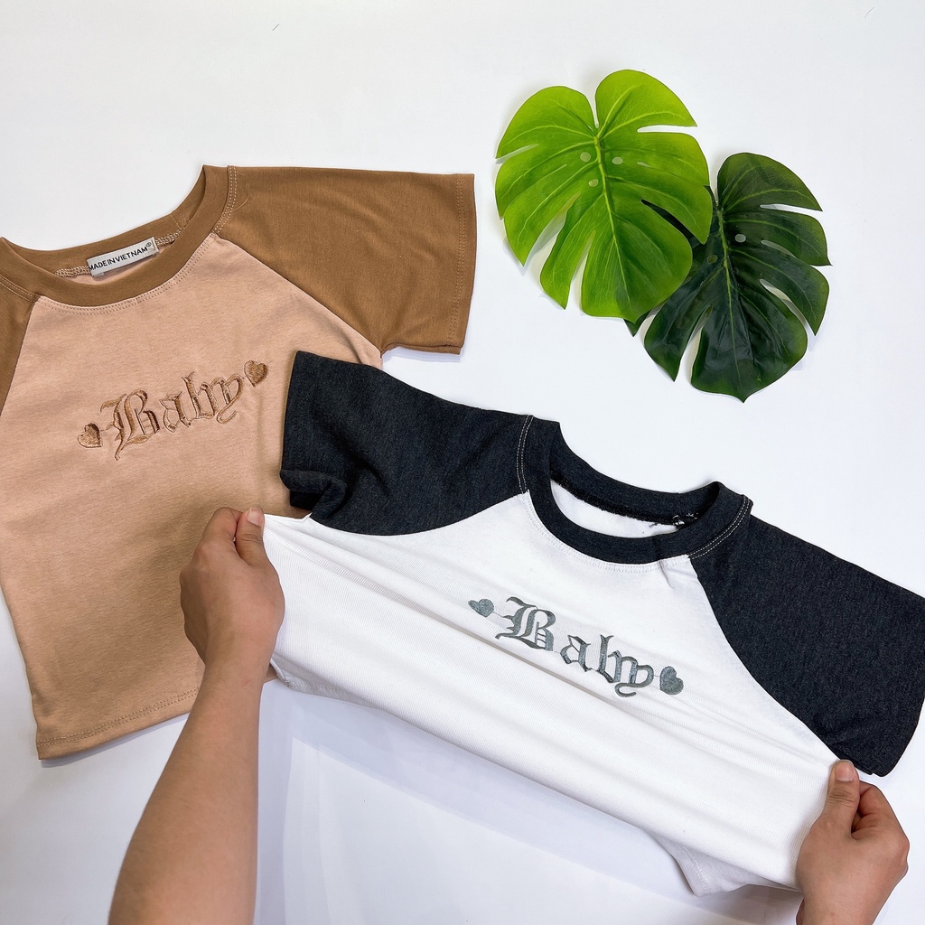 Áo Croptop Ôm Body Nữ BABY THÊU Cổ Tròn Tay Ngắn, Áo Thun Croptop Kiểu Sexy Thêu Họa Tiết chất thun gân dày dặn loại 1