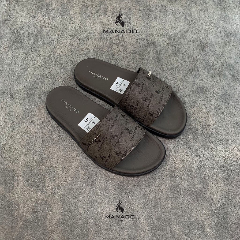 Dép da nam quai ngang cao cấp Manado Mã MND18 màu xám fullbox, quai da mềm mại, đế cao su thiết kế chắc chắn