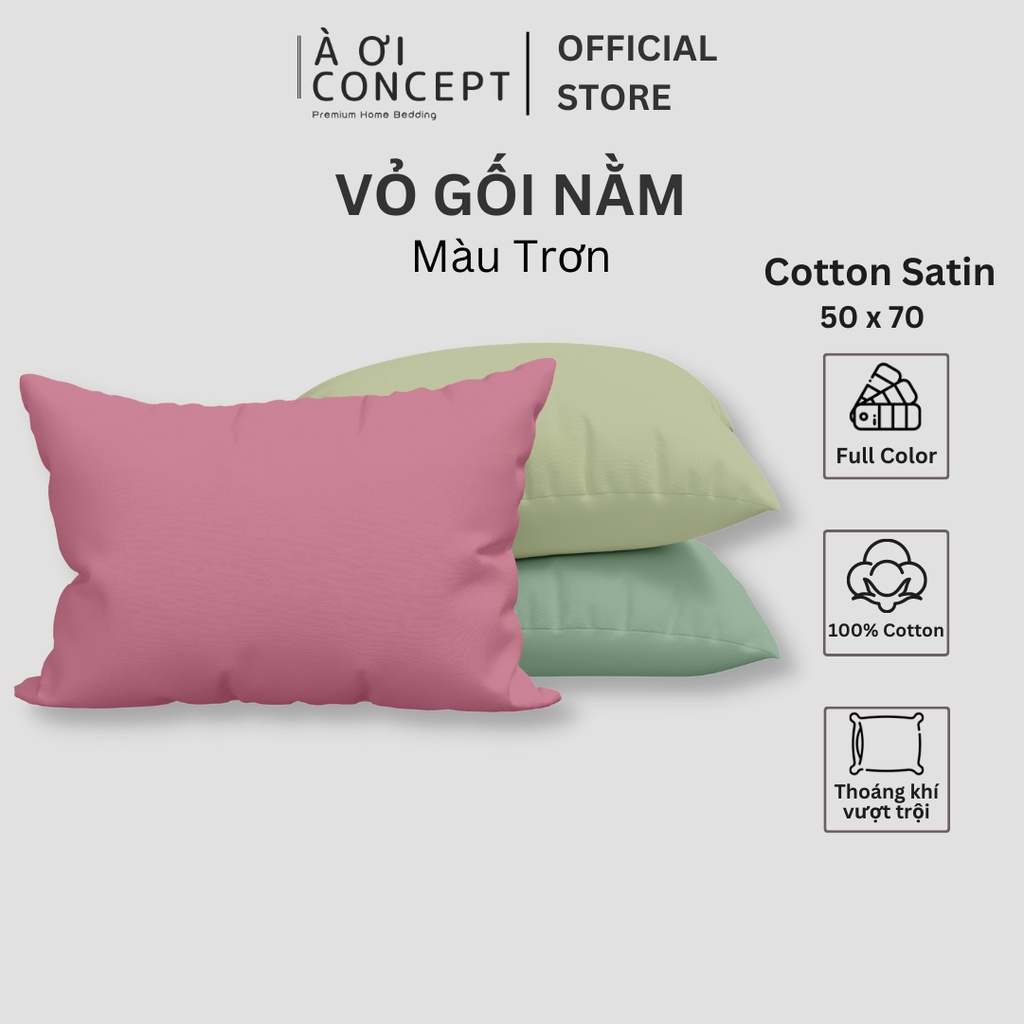Vỏ Gối Nằm Cotton Satin Hàn Quốc Cao Cấp À Ơi Concept Màu Trơn Size 50x70 cm