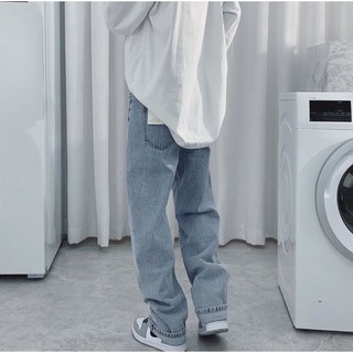 Quần jeans xanh nam nữ ống rộng phủ giày - gau