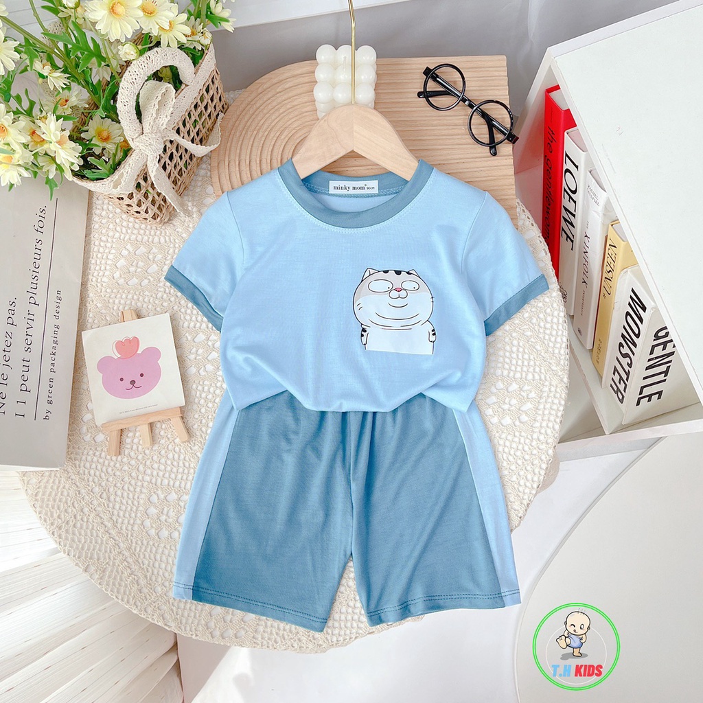 Bộ cộc tay, bộ quần áo cho bé trai, bé gái MINKY MOM in Mèo Ngố kute in pet không bong tróc