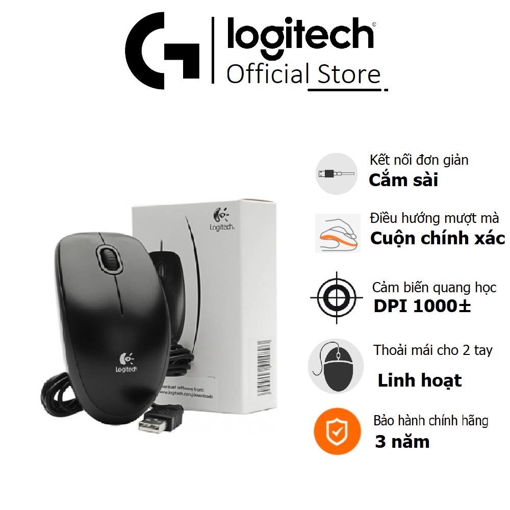 Chuột có dây Logitech B100 - Dây dài 1m8, thiết kế ôm tay, thuận cả 2 tay - Bảo hành 3 năm